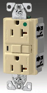 Cooper Wiring VGFH20V GFCI Duplex Outlet, 20A 125V, 5-20R, 2P3W, Back, Side, Hospital w/ Polycarbonate Bottom, Nylon Top - Ivory